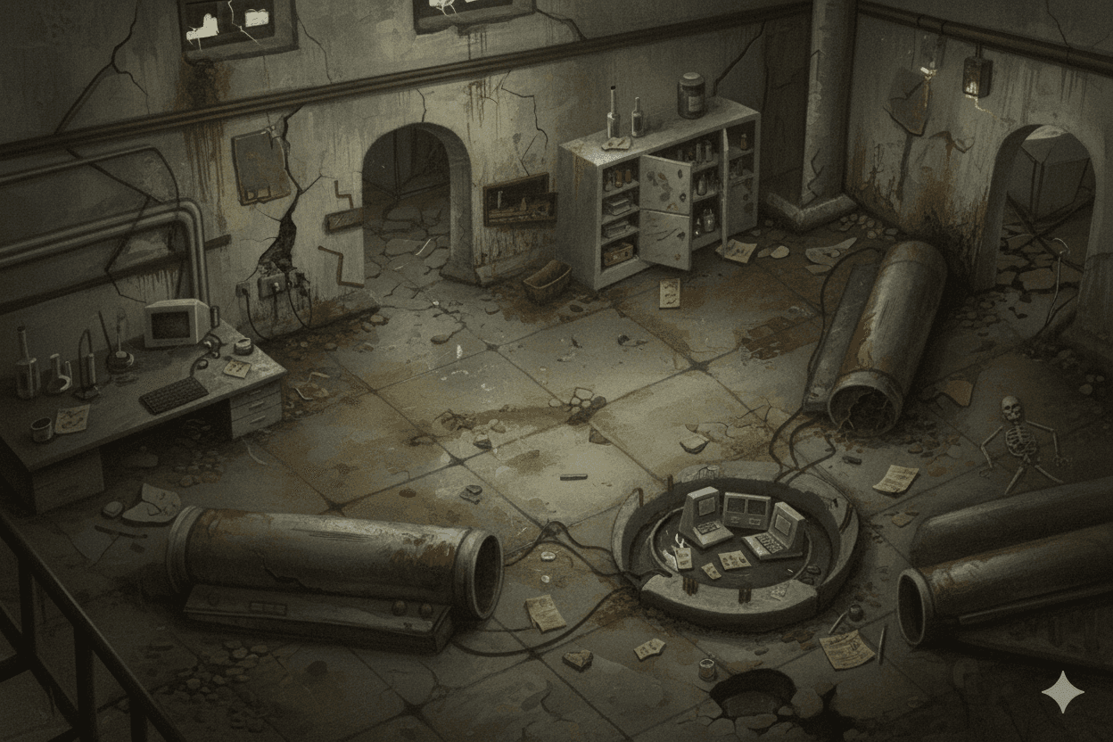 This is a basement of a destructed building, this basement is a chemical lab
